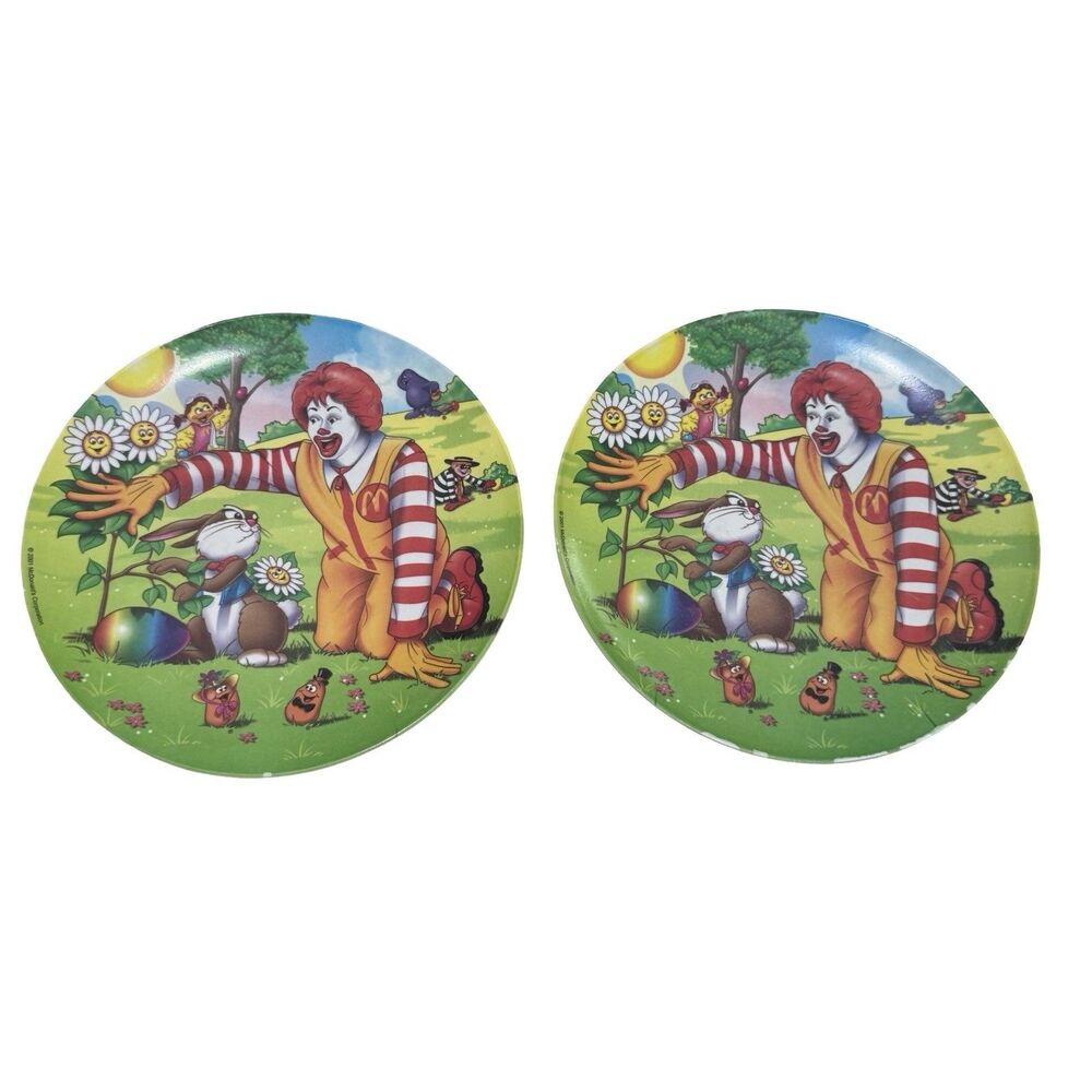 Set Of 2 Vintage McDonalds Easter Plastic Plate 2001 Grimace Easter Eggs Bunny